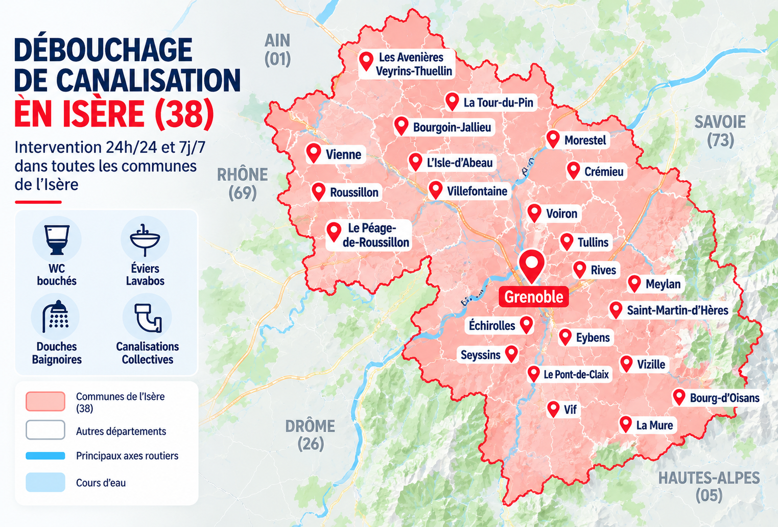 Carte des zones d'intervention pour le débouchage de canalisation en Isère (38)