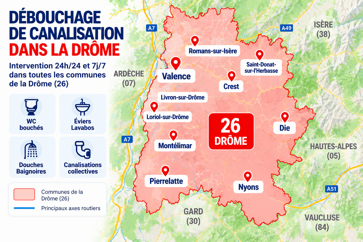 Carte des interventions de débouchage de canalisation dans la Drôme (26)